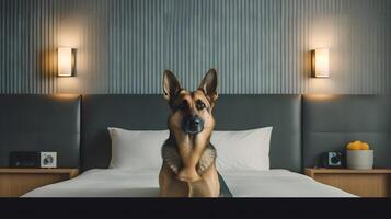 alemán pastor perro acostado en cama en hotel con contemporáneo interior diseño. generativo ai foto