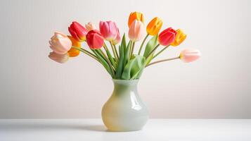 Photo of tulips in minimalist transparent vase as houseplant for home decoration on warm color background. Generative AI