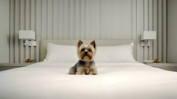 Yorkshire terrier dog lying on bed in hotel with contemporary interior design. Generative AI photo