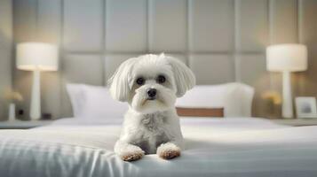 Maltese dog lying on bed in hotel with contemporary interior design. Generative AI photo