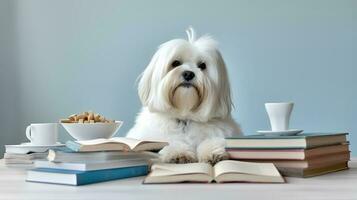 a lhasa apso dog in a sweater sits studying accompanied by a cup and piles of books photo