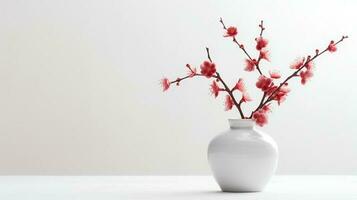 Photo of plum blossom in minimalist pot as houseplant for home decoration on white table on bright background. Generative AI