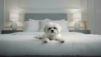 Maltese dog lying on bed in hotel with contemporary interior design. Generative AI photo