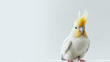 foto de un cacatúa pájaro en blanco antecedentes. generativo ai