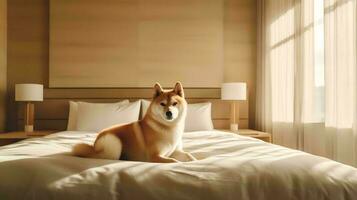 Shiba inu dog lying on bed in hotel with contemporary interior design. Generative AI photo