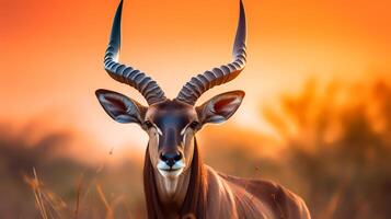 Photo of Antilope Topi on savanna at sunset.