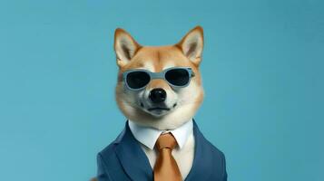 foto de arrogante shiba inu perro utilizando lentes y oficina traje en blanco antecedentes. generativo ai