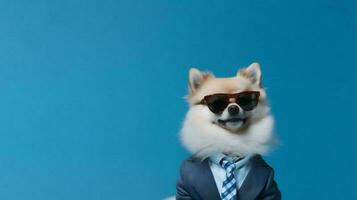 Photo of haughty pomeranian dog using glasses  and office suit on white background. Generative AI