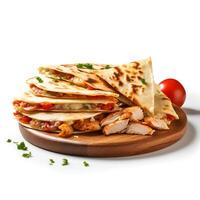 Photo of Chicken Quesadilla on wooden board isolated on white background. Created by Generative AI