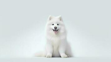 foto de un Samoyedo en blanco antecedentes. generativo ai