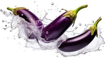 Photo of Eggplant with water splashes isolated on white background