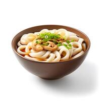 Food photography of Udon on brown bowl isolated on white background. photo