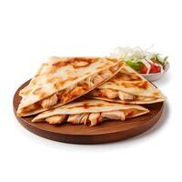 Photo of Chicken Quesadilla on wooden board isolated on white background. Created by