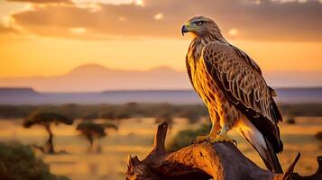 Photo of Tawny Eagle on savanna at sunset. Generative AI