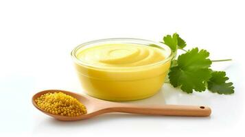 Photo of Mustard on bowl with green leaf isolated on white background