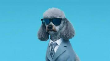 foto de arrogante caniche perro utilizando Gafas de sol y oficina traje en blanco antecedentes. generativo ai