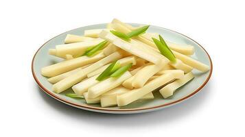 Photo of Bamboo shoots sliced pieces isolated on white background