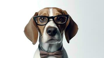 foto de arrogante beagle utilizando lentes y oficina traje en blanco antecedentes. generativo ai