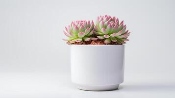 Photo of Sempervivum in minimalist pot as houseplant for home decoration isolated on white background. Generative AI