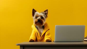 un Yorkshire terrier perro en un amarillo suéter se sienta estudiando acompañado por un taza y pila de algo de libros foto