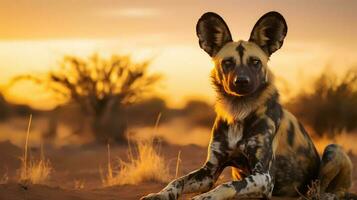 Photo of African Wild Dog on savanna at sunset. Generative AI