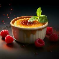 Photo of Creme Brulee with berrie isolated on dark background. Created by Generative AI
