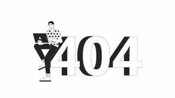 jung asiatisch Mann Arbeiten auf Laptop schwarz und Weiß Error 404 Animation. Error Botschaft GIF, Bewegung Grafik. Koreanisch stilvoll Kerl Tippen auf Notizbuch animiert Charakter linear 4k Video isoliert auf Weiß
