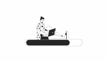 Hawaiian shirt man with laptop bw loading bar animation. Telework adult outline 2D cartoon character 4K video loading motion graphic. Work life harmony animated process indicator gif isolated on white