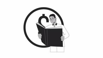 Finance class bw outline 2D animation. Black male financial analyst reading accounting book 4K video motion graphic. Bookkeeper monochrome linear animated cartoon flat concept, white background