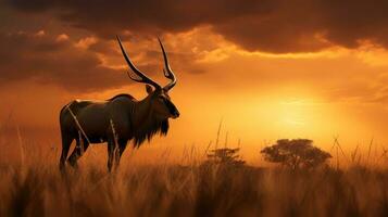 Photo of Hartebeest on savanna at sunset. Generative AI