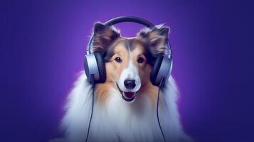 Photo of rough collie using headphone  on purple background. Generative AI