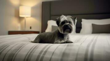 Affenpinscher dog lying on bed in hotel with contemporary interior design. Generative AI photo