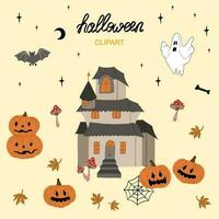 Happy Halloween set with castle, scary pumpkins and ghost. Party design. Hand drawn magic set. Vector illustration