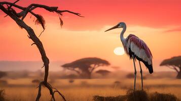 Photo of Marabou Stork on savanna at sunset. Generative AI