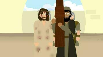 Cartoon Illustration of Simon Cyrene helping Jesus to carry the cross video