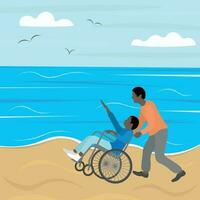 Two dark-skinned people on the seashore, one of them in a wheelchair, in motion vector