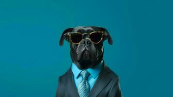 Photo of haughty cane corso using sunglasses  and office suit on white background. Generative AI