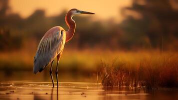Photo of Goliath Heron on savanna at sunset.