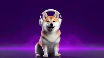 Photo of shiba inu using headphone  on purple background. Generative AI