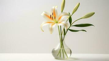 Photo of lily on minimalis transparant vase as houseplant for home decoration on white table on bright background. Generative AI