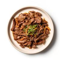 Photo of Bulgogi on plate isolated on white background. Created by Generative AI