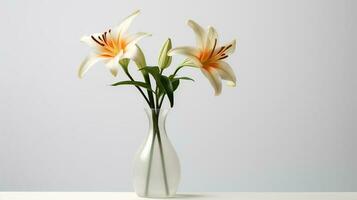 foto de lirio en minimalis transparente florero como planta de casa para hogar decoración en blanco mesa en brillante antecedentes. generativo ai