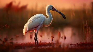 Photo of African Spoonbill on savanna at sunset. Generative AI