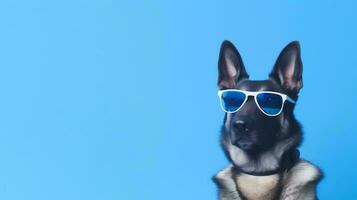 Photo of haughty german shepherd using sunglasses  and office suit on white background. Generative AI