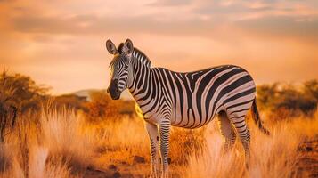 Photo of zebra on savanna at sunset. Generative AI