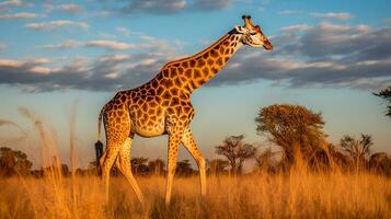 Photo of giraffe on savanna at sunset. Generative AI