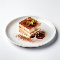 Food photography of Tiramisu on plate isolated on white background. photo