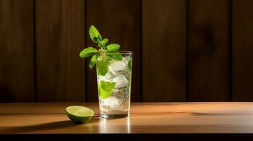 Food photography of mojito on wooden table. Generative AI photo