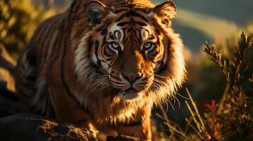 Photo of tiger on savanna at sunset. Generative AI