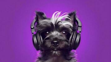 foto de affenpinscher utilizando auricular en púrpura antecedentes. generativo ai